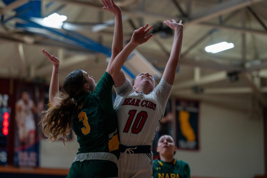 Guard Lucca Lowenberg converts on the and one for three of her team-high 20 points against Napa Valley on Saturday, Feb. 25 in Santa Rosa.
