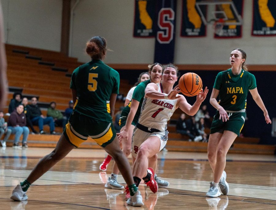 Guard Ciarah Michalik dishes to a wide open teammate in the corner for three against Napa Valley on Saturday, Feb. 25 in Santa Rosa.
