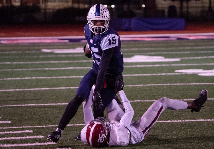 Wide-receiver Isaac Torres stiff-arms a Sierra defensive back to fight for extra yards and gain a first down for the Bear Cubs in their 34-21 victory on Saturday, Nov. 12, 2022 in Santa Rosa. Photo by 