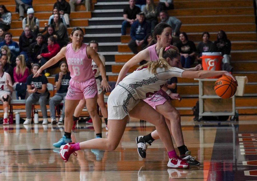 Sophomore forward Ashleigh Barr saves the ball from going out-of-bounds in a 78-59 win over Sierra Feb. 10.