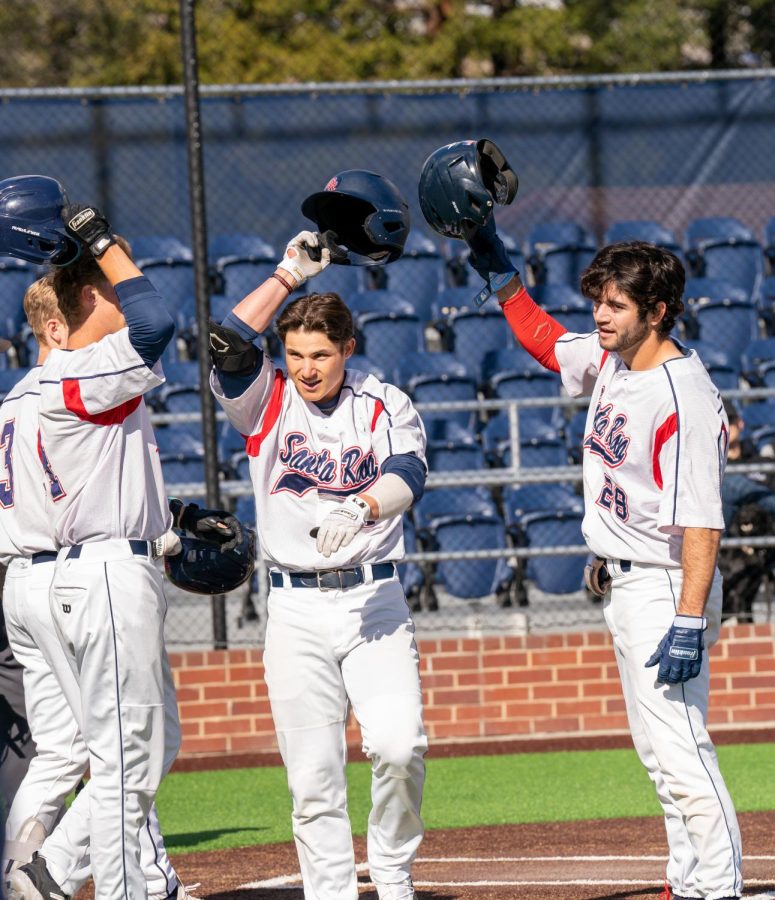 Bear Cubs outfielder/pitcher Alex Leopard celebrates after hitting a home run in the bottom of the fourth inning against Consumnes River College on Tuesday, March 7, 2023 in Santa Rosa.