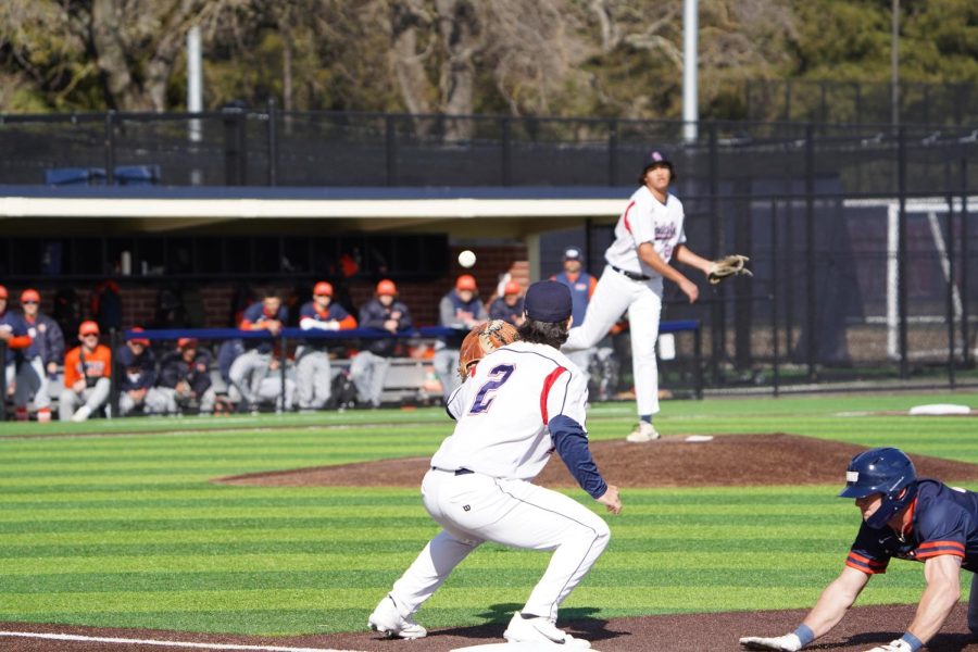 Bear Cubs pitcher Hekili Robello nearly picks off Cosumnes River infielder Colby Lunsford on Tuesday, March 7, 2023 in Santa Rosa.