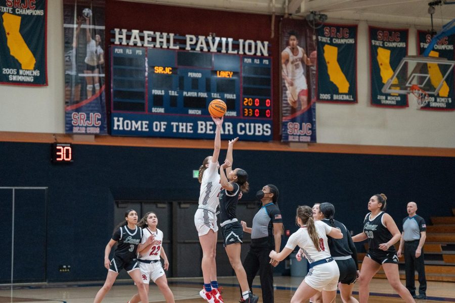 The SRJC Bearcubs win the jumpball against the Laney College Eagles Saturday, March 4 at Haehl Pavilion. 