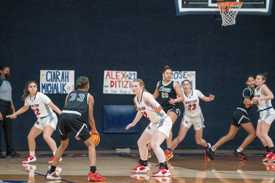 Guard Laney Lincoln defends against Eagles guard Kya Pearson during the first quarter of the game against Laney College Saturday March 4 in Santa Rosa. 