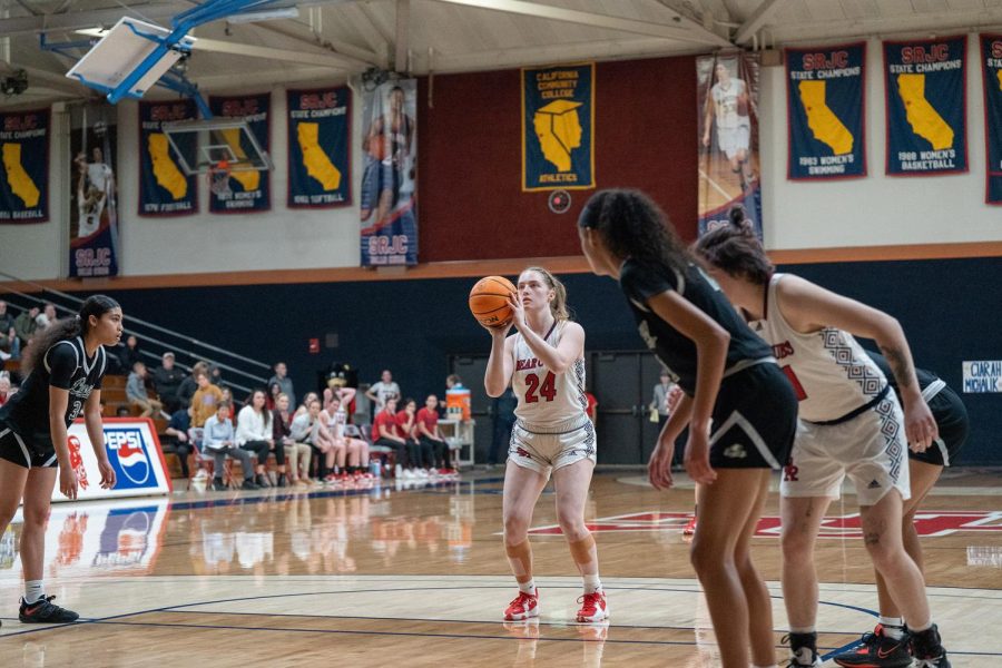 Forward Rose Levin takes a foul shot from the free-throw line during the first quarter of the game against Laney College Saturday March 4 in Santa Rosa. 