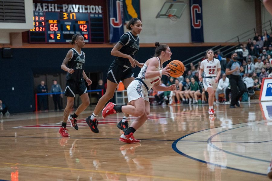Guard Ciarah Michalik dibbles the ball through the Eagles' defense during the first quarter of the game against Laney College Saturday, March 4 in Santa Rosa. 