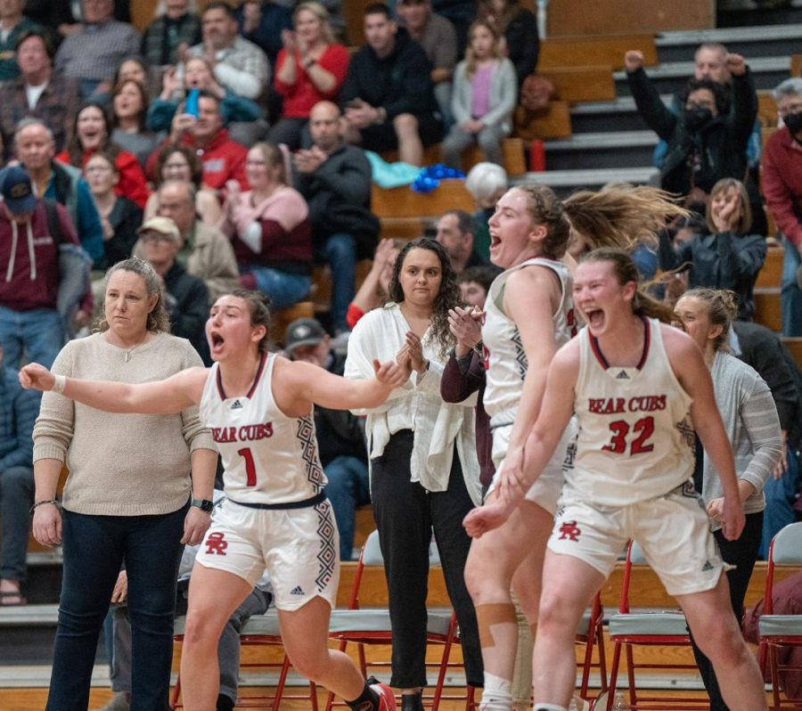 Guard Lucca Lowenburg and Forward Meredith Gilbertson celebrate as time expires in SRJC Women's Basketball team 71-46 victory over Laney College Saturday, March 4 in Santa Rosa