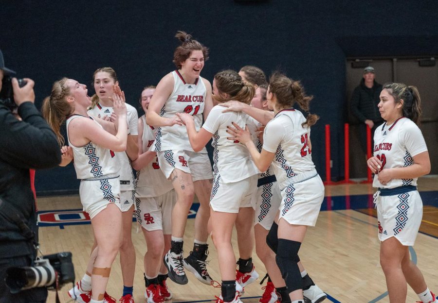 The SRJC Women's Basketball team celebrates as they move on to play in the state championship series following their 71-46 victory over Laney College Saturday, March 4 in Santa Rosa.