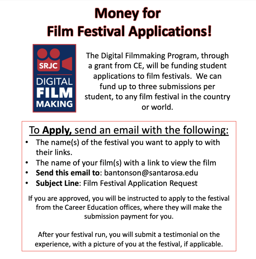 Students can apply to have their film festival submission fees paid for through a grant from CE. This grant will fund up to three submissions per student to any film festival. 