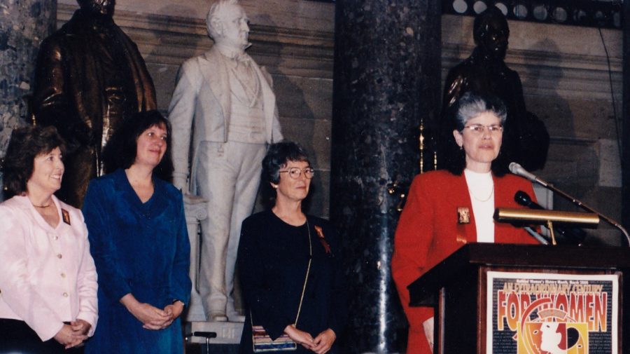Co-founders of Women's History Month are honored in Statutory Hall at the Capitol in Washington D.C. in 2000. From right to left: Maria Cuevas, Mary Ruthsdotter, Paula Hammett, Molly Murphy MacGregor. 