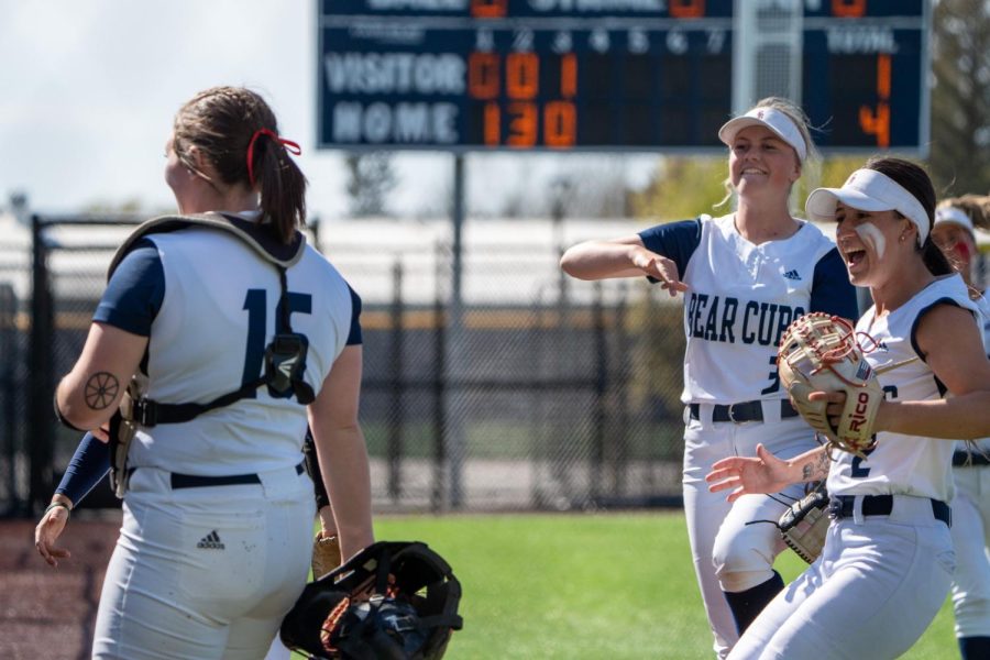 Santa+Rosa+infielders+celebrate+after+catcher+Haley+Wyatt+made+a+run+saving+play+after+a+wild+pitch+to+end+the+top+of+the+fourth+inning.+