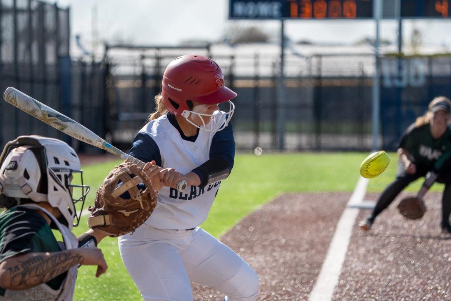Mallory OKeefe has her eye on the ball during a 7-3 victory over Diablo Valley College.