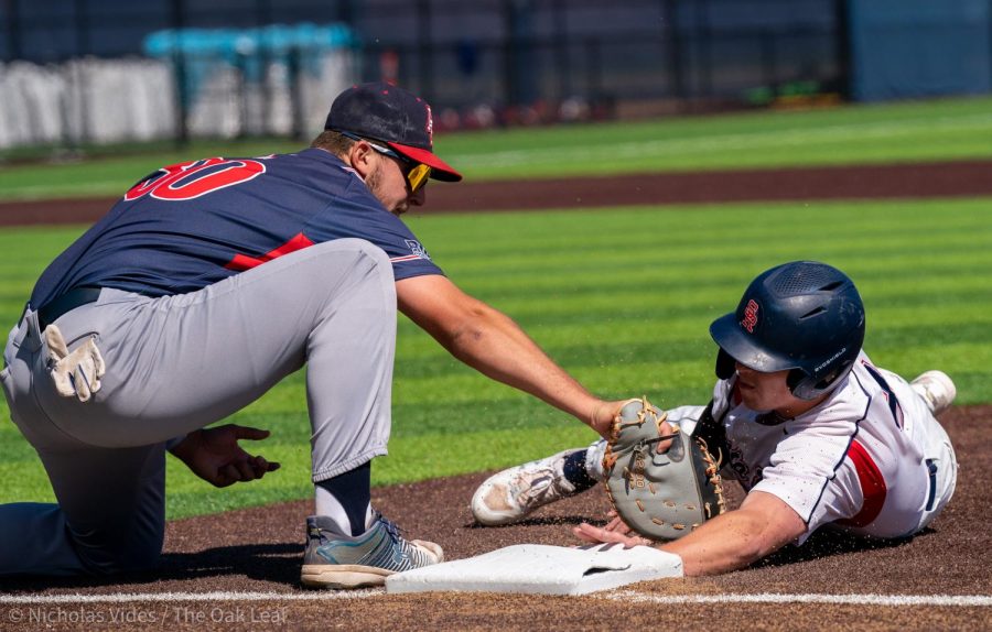 Bear Cubs infielder Keenan Morris nearly gets picked off against American River College on Tuesday, April 4, 2023 in Santa Rosa. 