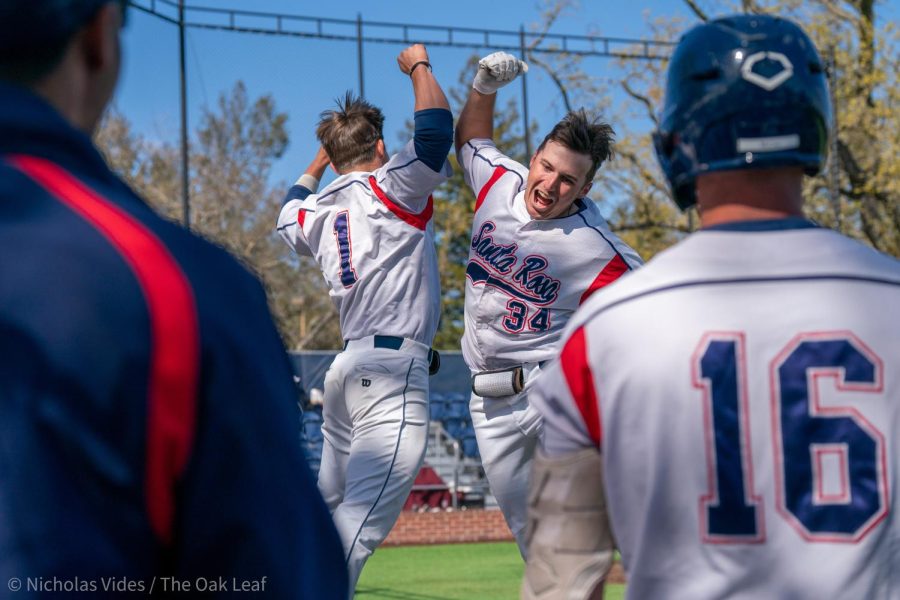 Bear Cubs infielder and pitcher Connor Charpiot, middle right, celebrates with teammates after hitting a home run in the bottom of the fifth against American River College on Tuesday, April 4, 2023 in Santa Rosa. 