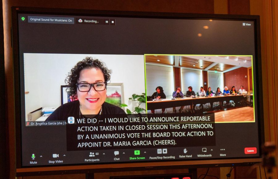 Dr. Maria Angélica Garcia accepts her nomination as the next president of Santa Rosa Junior College via Zoom on Tuesday, April 11, 2023 in Santa Rosa.