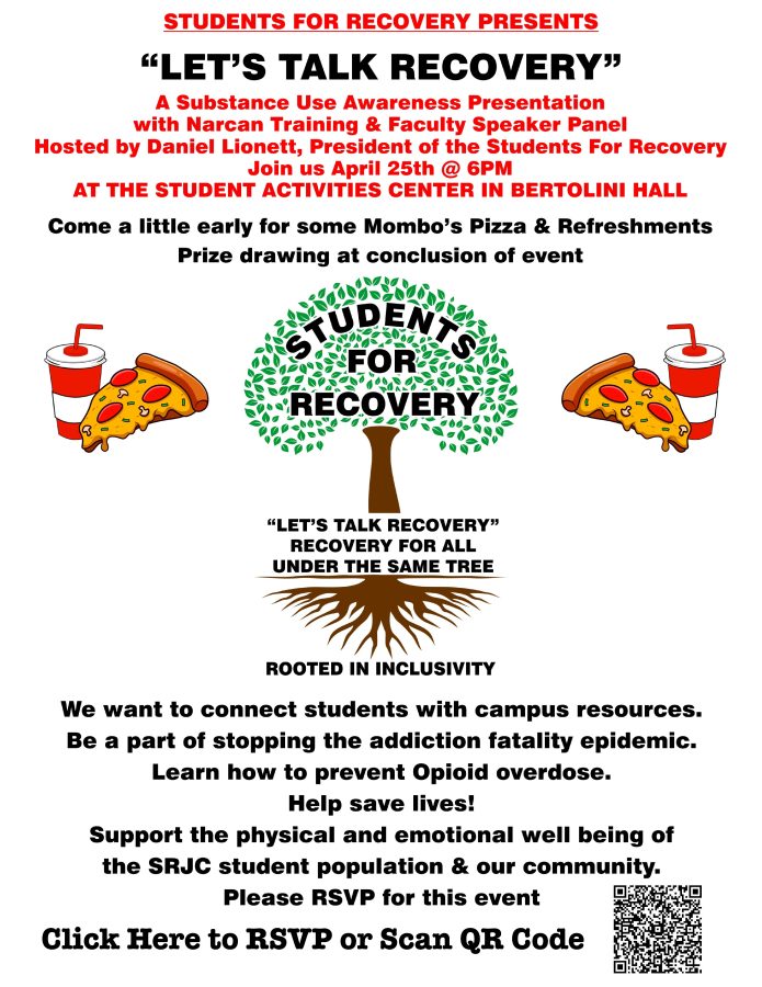 Michael Reynolds from West County Community Services will provide Narcan training and SRJC faculty will host a speaker panel about substance use awareness at the Students for Recovery Club event “Let’s Talk Recovery” at 6 p.m. April 25 in the Students Activity Center Bertolini Hall. 