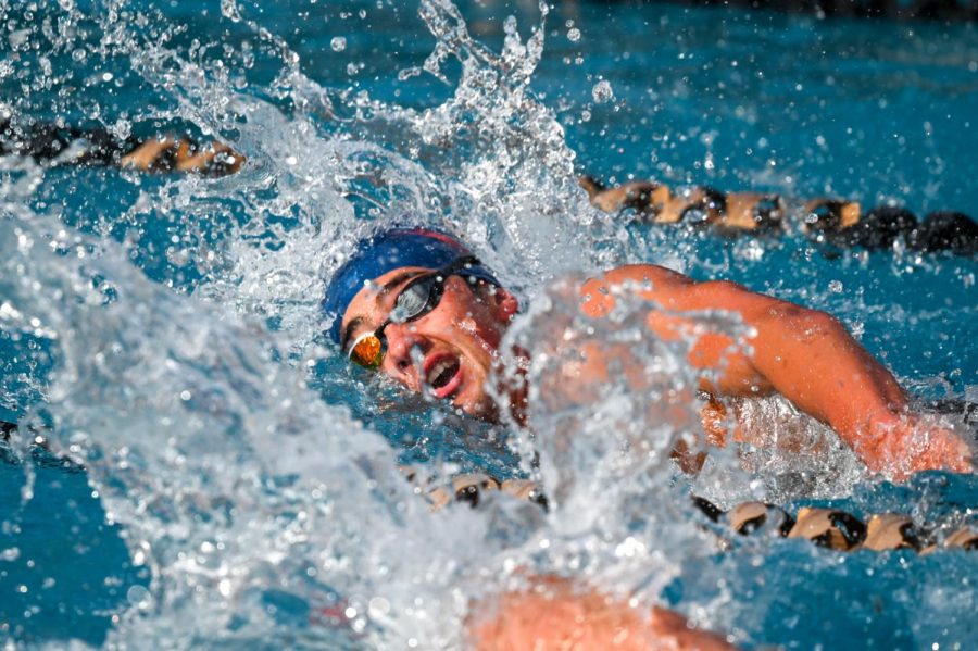 Greyson McCaw places first in the 200-yard free. He is one of several swimmers on the SRJC Swim and Dive team who won during the Big 8 Conference April 20-22 in Stockton.