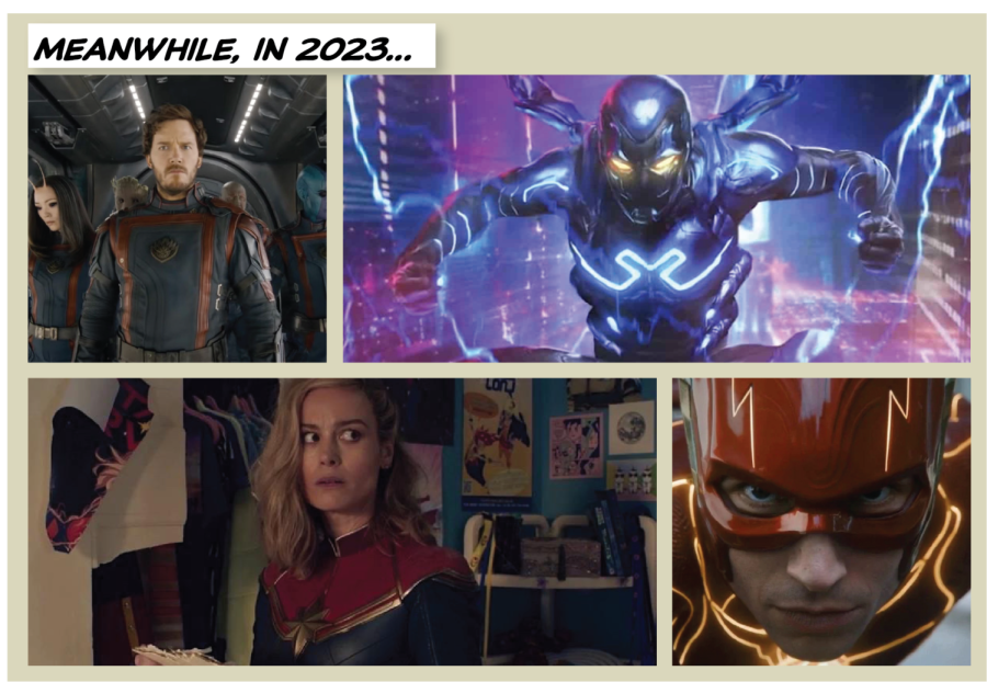 Clockwise from top left: Guardians of the Galaxy Vol.3, Blue Beetle, The Marvels and The Flash are among this year’s superhero blockbusters, but with a decline in both box office and critical reception the future looks uncertain for both the Marvel and DC’s Cinematic Universes.