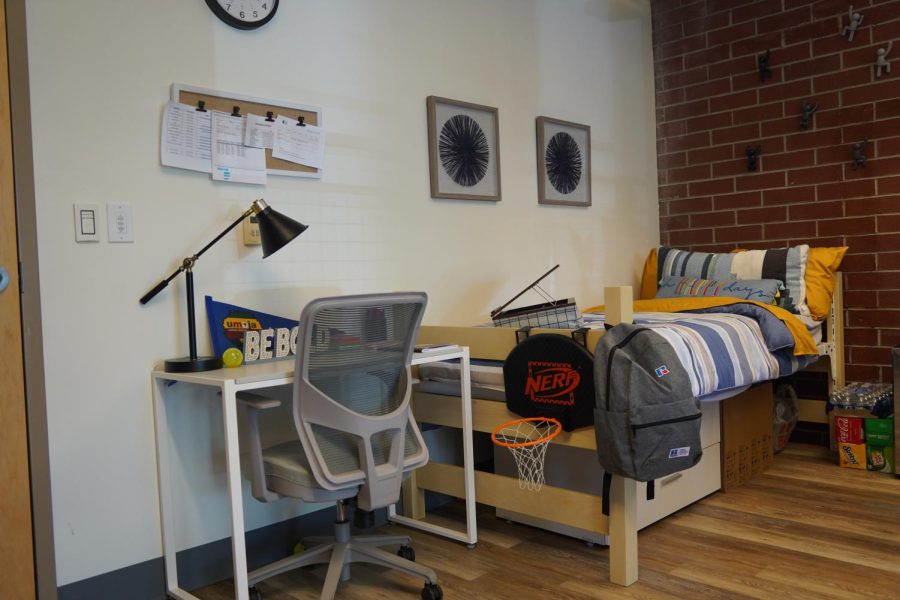 A mock dorm room sits in the corner of the SRJC Student Housing Leasing Office so students can preview before signing up to live in Polly O’Meara Doyle Hall, which will open Aug. 11.