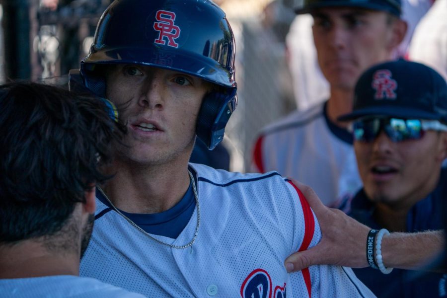 Bear Cubs outfielder Bryce Cannon is left stunned after hitting a home run in the bottom of the seventh inning against Cañada College on Thursday, May 11, 2023 in Santa Rosa.