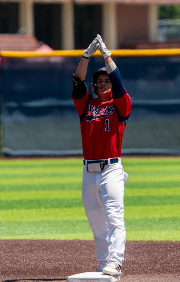 Bear Cubs outfielder Alex Leopard celebrates after hitting a double in the bottom of the first against Reedley College on Friday, May 12, 2023 in Santa Rosa.