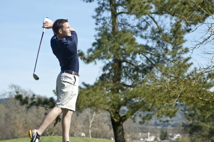 A Santa Rosa Junior College golf team member shows perfect form during a match in 2012. The men’s golf team was discontinued in spring of 2019 because of budget reductions in athletics.