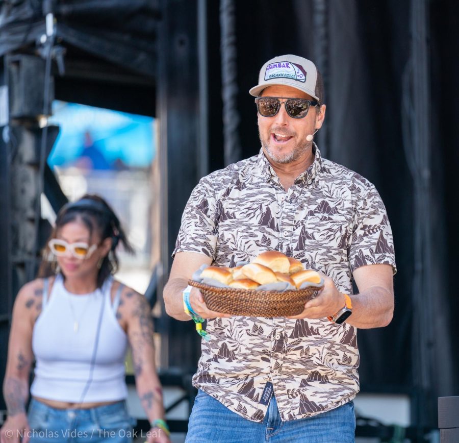 Olympic Gold Medal Skier Jonny Moseley runs out onto the BottleRock Culinary Stage with dinner rolls on Friday, May 26, 2023 in Napa.