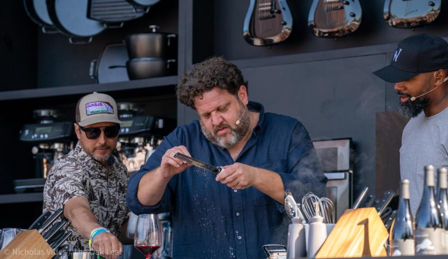 Olympic Gold Medal Skier Jonny Moseley, left, Chef Aaron May, middle, and Super Bowl XLV Champion Charles Woodson, right, make bread pudding at the Williams Sonoma Culinary Stage on Friday, May 26, 2023 in Napa.