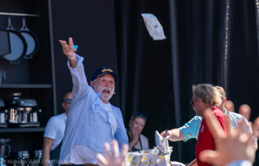 Chef José Andrés tosses snacks to audience members at the Williams Sonoma Culinary Stage at BottleRock Napa Valley on Saturday, May 27, 2023.