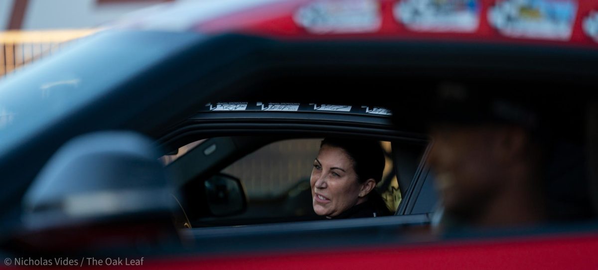 Funny Car driver Alexis Dejoria prepares to race against Top Fuel Driver Antron Brown in the Toyota Supra racing challenge on Friday, July 28, 2023 at Sonoma Raceway.
