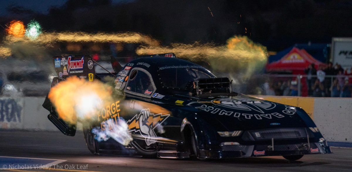 Funny Car Driver Chad Green romps on the gas pedal down the line on Friday, July 28, 2023 in Sonoma.