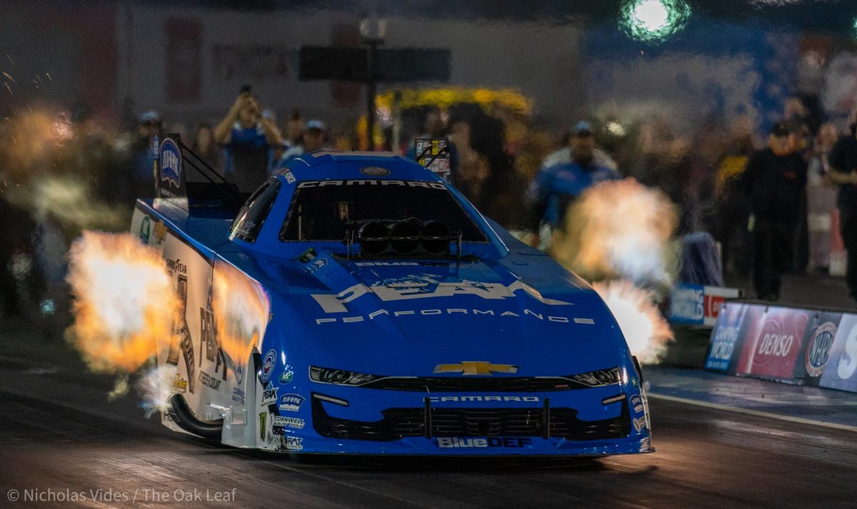 Funny Car Driver John Force launches off the starting line, moments before experiencing tire slippage in the right lane at the DENSO NHRA Sonoma Nationals on Friday, July 28, 2023 in Sonoma.