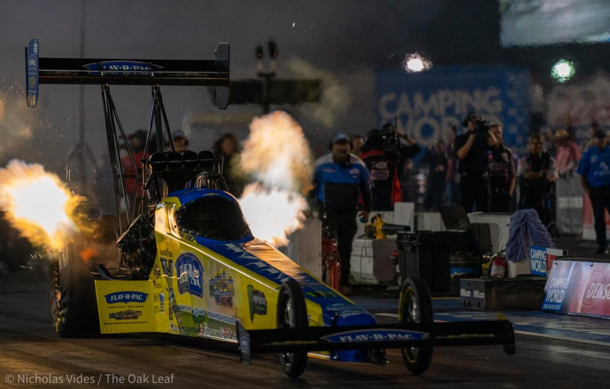 Top Fuel Driver Brittany Force mashes on the gas pedal off the starting line, moments before experiencing tire slippage at the DENSO NHRA Sonoma Nationals on Friday, July 28, 2023 in Sonoma.