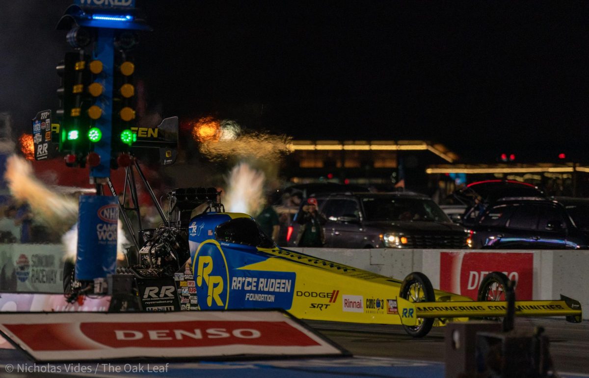 Top Fuel Driver Leah Pruett ignites off the starting line at Sonoma Raceway on Friday, July 28, 2023 in Sonoma.