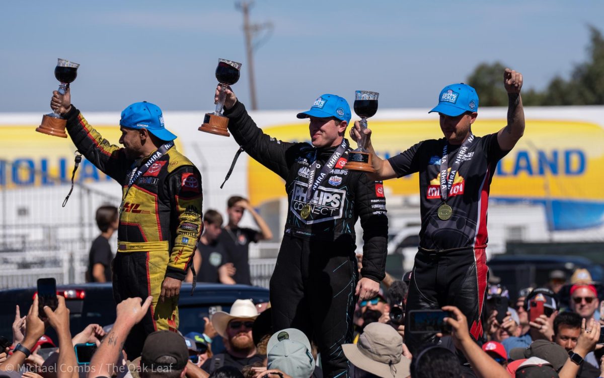 (Left to right) JR Todd, Justin Ashley and Gaige Herrera win in their fields at the DENSO NHRA Sonoma Nationals on Sunday, July 30, 2023 in Sonoma.