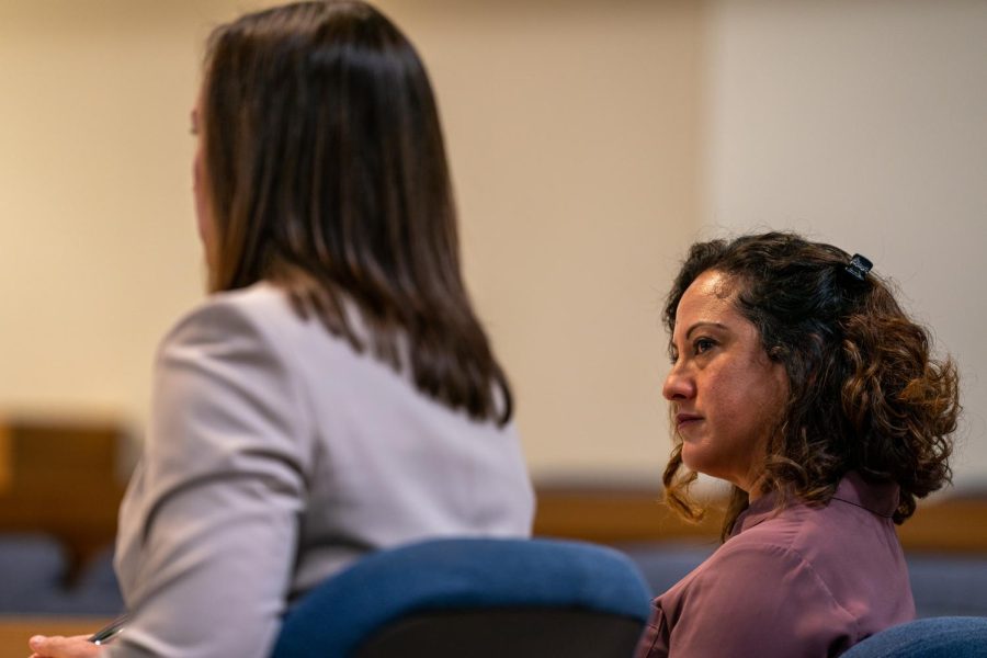 Hilleary Zarate listens to her lawyer, Amy Chapman, argue in her defense against Jan. 10, 2022 methamphetamine trafficking charges during a preliminary hearing in Sonoma County Superior Court on March 8, 2023. 