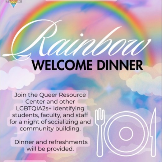 The SRJC Queer Resource Center will host the Rainbow Welcome Dinner to welcome new students and provide information about local LGBTQIA2s+ supporting communities and resources from 4-7 p.m. Sept. 26 outside of the Queer Resource Center and Pioneer Hall.