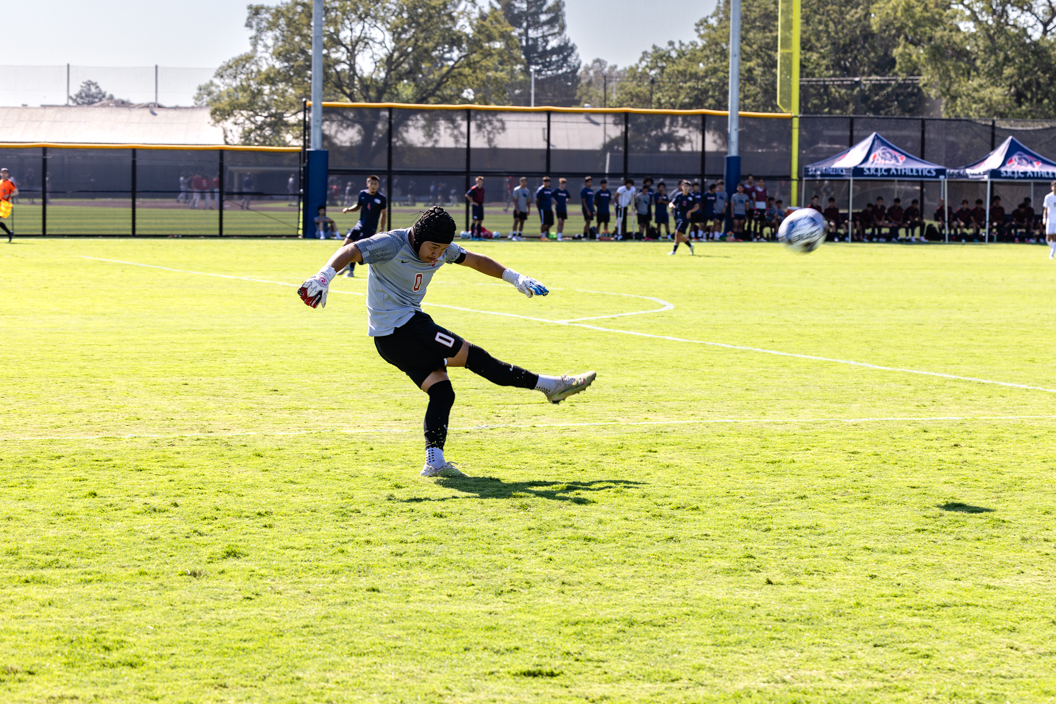 Santa Rosa Junior College Goalkeeper Abel Calvillo sends the ball back into play with authority. 