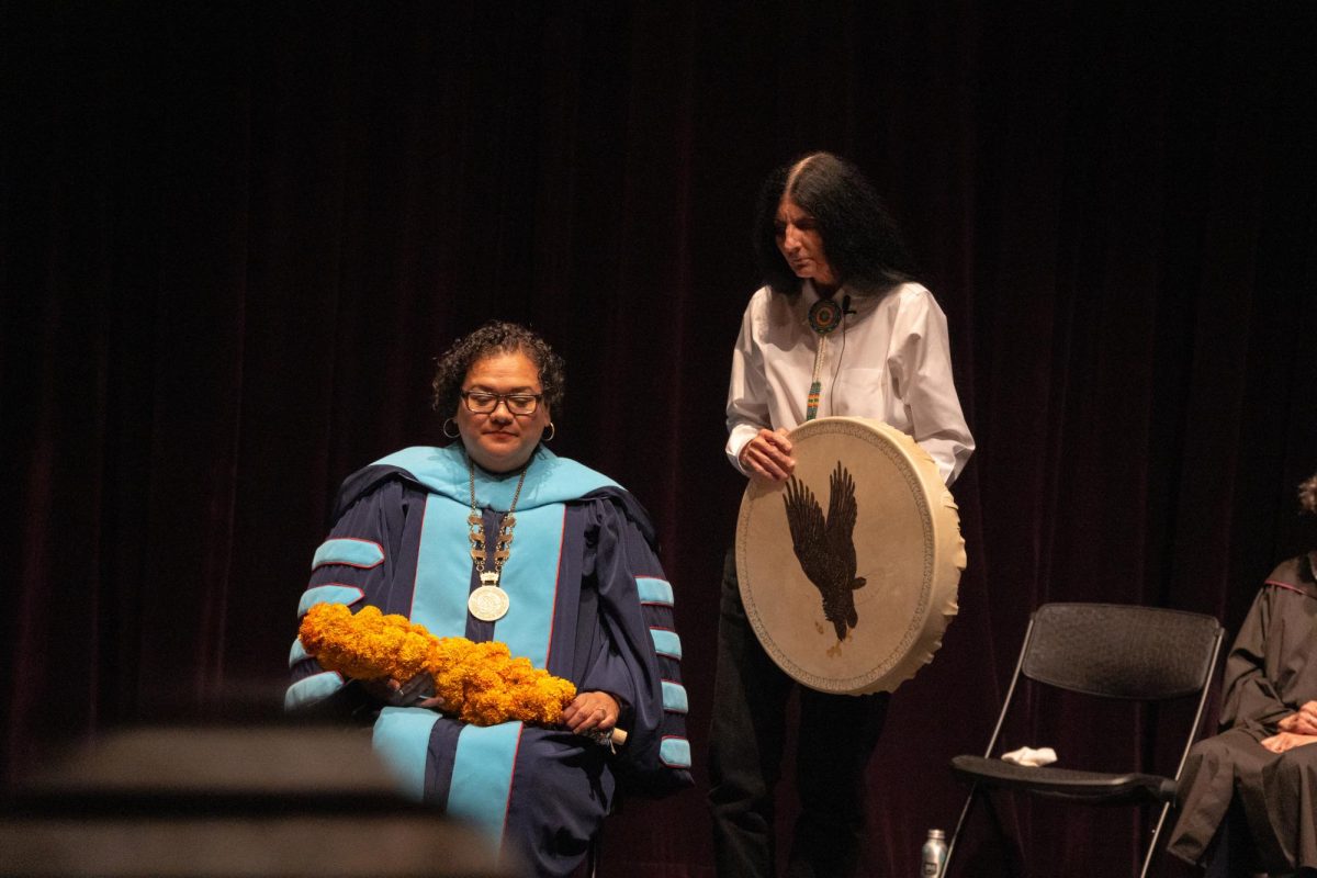 Dr. Brenda Flyswithhawks closes out Dr. Garcia's investiture ceremony with a protection blessing on Friday, Oct. 20, 2023 in Santa Rosa Junior College.