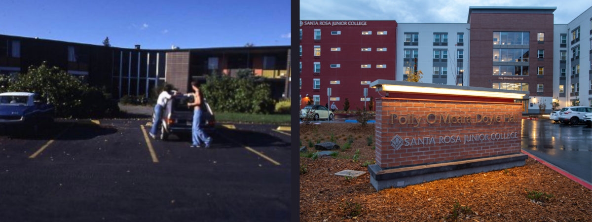 SRJC students protested the demolition of the Kent Hall dormitory (left) in 2003, saying they were the only affordable housing in Sonoma County and the onlh way they could attend the college. Residents of the new Polly O'Meara Doyle Hall (right) say the same today.