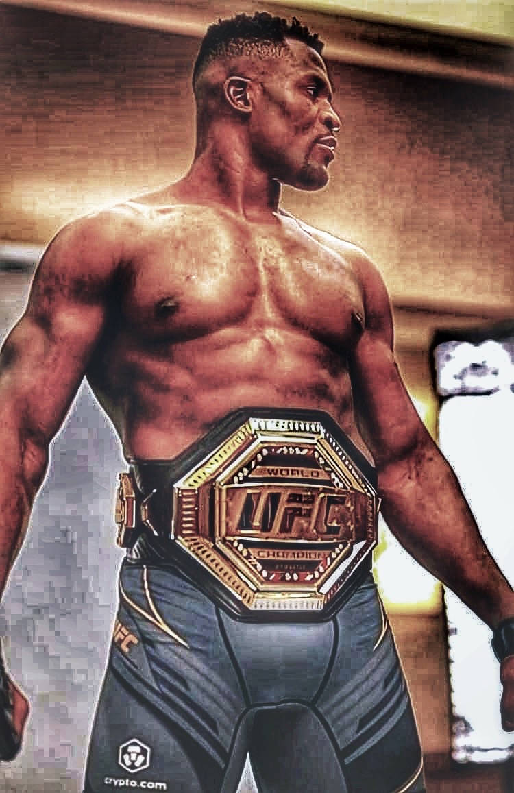 Francis Ngannou with the UFC Title during a photoshoot for UFC 270.