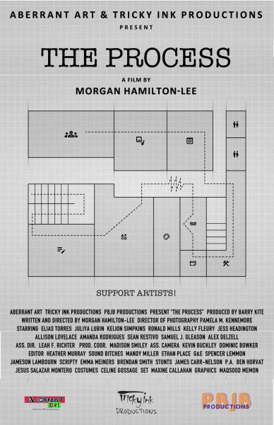 The poster for The Process showing a blueprint of the office building and featuring the tagline “Support Artists!”