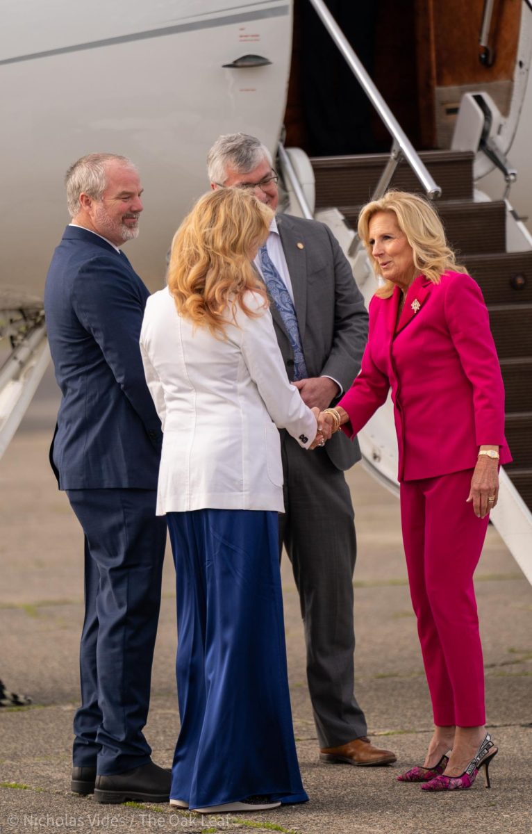 First Lady Dr. Jill Biden is greeted by Supervisors David Rabbitt and James Gore, alongside Elizabeth Gore after landing at the Charles M. Schulz-Sonoma County Airport on Thursday, Jan. 18, 2024 in Santa Rosa. 