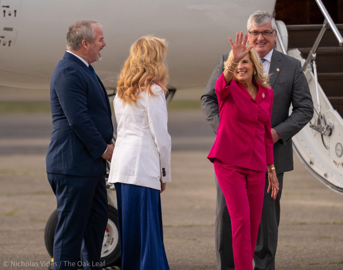 First Lady Dr. Jill Biden is greeted by Supervisors David Rabbitt and James Gore, alongside Elizabeth Gore after landing at the Charles M. Schulz-Sonoma County Airport on Thursday, Jan. 18, 2024 in Santa Rosa. 