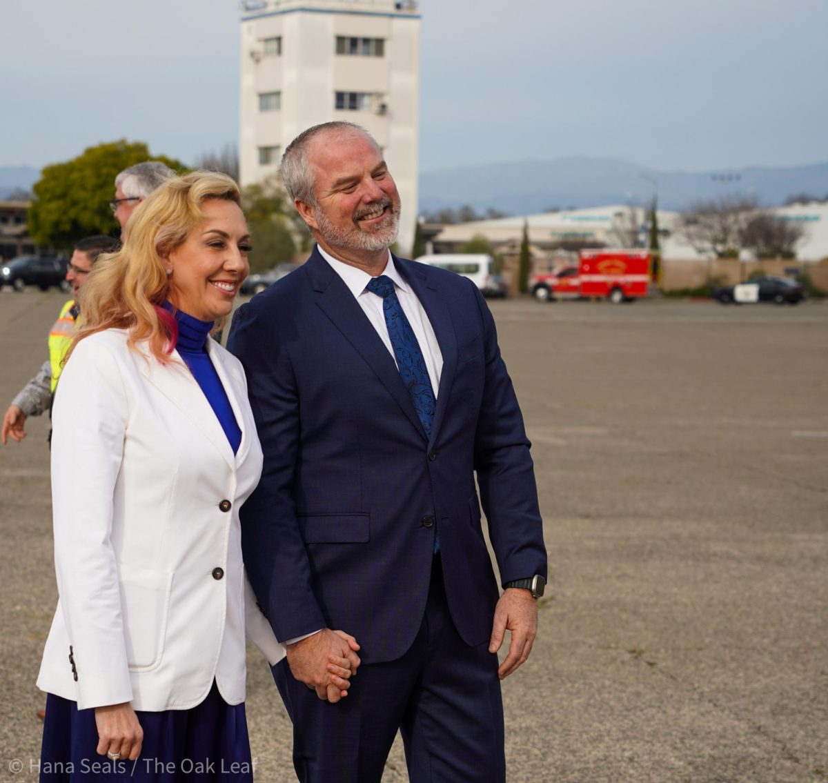 Sonoma County District 4 Supervisor James Gore and his wife, Elizabeth, await  First Lady Dr. Jill Biden’s arrival at the Charles M. Schulz-Sonoma County Airport on Thursday, Jan. 18, 2024 in Santa Rosa. 