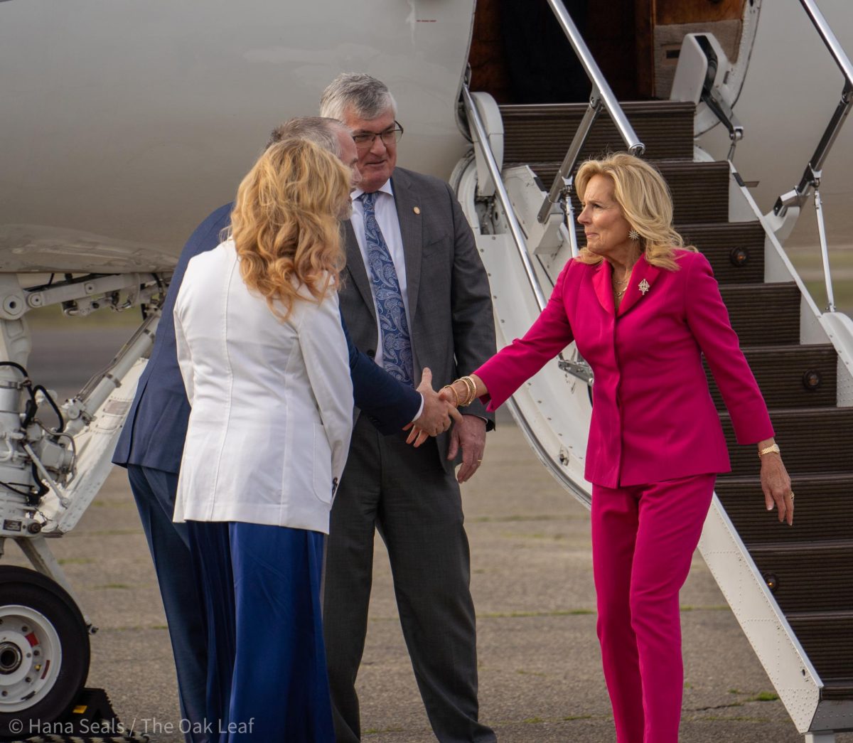 First Lady Dr. Jill Biden is greeted by Sonoma County District 4 Supervisor James Gore after landing at the Charles M. Schulz-Sonoma County Airport on Thursday, Jan. 18, 2024 in Santa Rosa. 