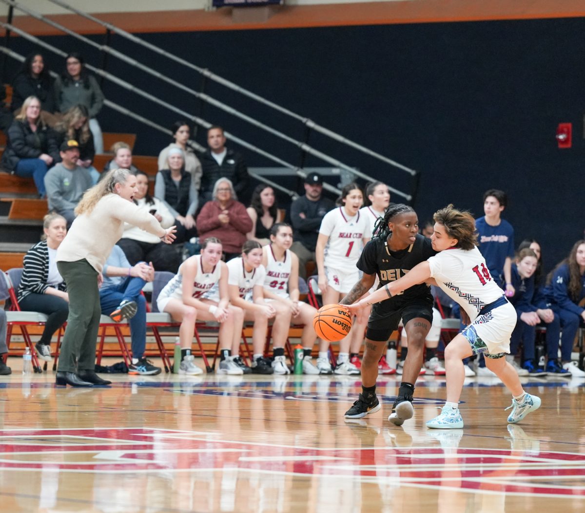 SRJC guard JJ Martinez manages to poke the ball away from a San Joaquin Delta player at Santa Rosa’s Haehl Pavilion Feb. 2, 2024