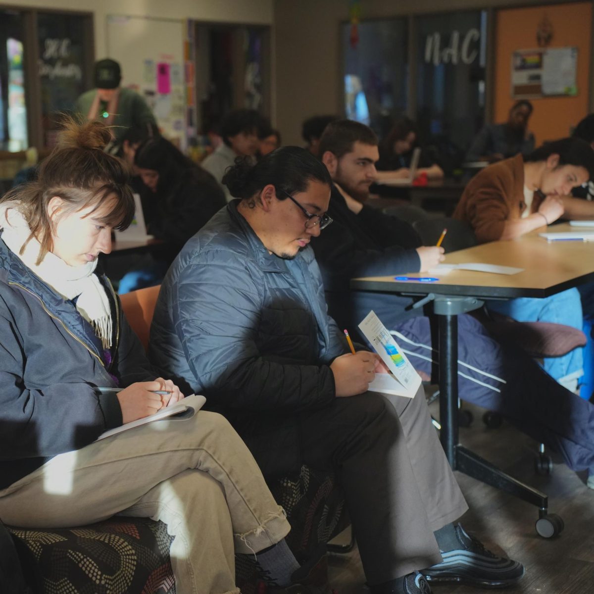 Spoken word artist Bocafloja asks SRJC students  to participate in a 10 minute pencil to paper reflection during his Hip Hop writing  workshop at the Santa Rosa Junior College Intercultural Center Feb. 9, 2024.