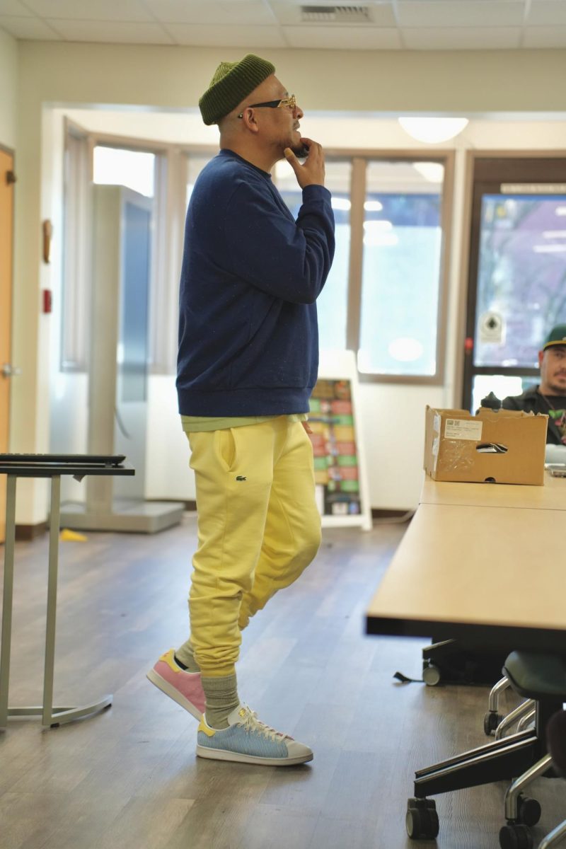 Spoken word artist Bocafloja engages with SRJC students about rap and spoken word at the Hip Hop Writing Workshop at the Santa Rosa Junior College Intercultural Center Feb. 9, 2024.