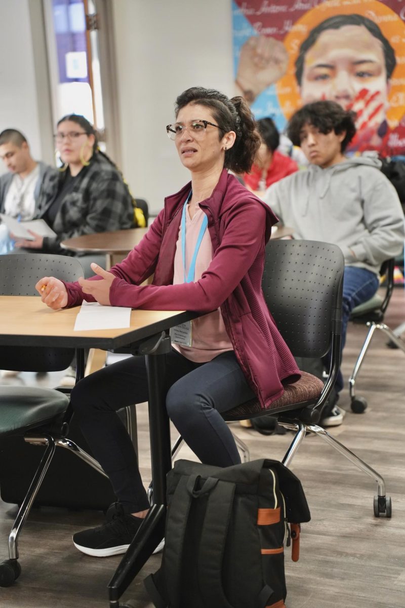 SRJC student Adriana Hernandez discusses the social and racial injustices that are prevalent in many communities during a Hip Hop writing workshop with artist Bocafloja at the Santa Rosa Junior College Intercultural Center Feb. 9, 2024.